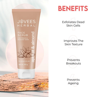 Jovees Herbal Apricot & Almond Face Scrub with Almond, Apricot & Wheatgerm Oil For Normal to Dry Skin | Gently Removes dead Skin, Anti-Pigmentation, Tan Removal, Smooth and Clear Complexation 50g